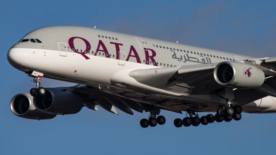 Qatar Airways Airbus A380-800 double decker airplane landing at Heathrow Airport in London, UK. The aircraft was delivered in April 2018 and is an Airbus A380-800 with registration A7-APJ and for GP7200 engines. Qatar Airways has 10 Airbus A380 in their fleet and connects daily Doha to London. Qatar is a member of Oneworld airline alliance. (Photo by Nicolas Economou/NurPhoto via Getty Images)