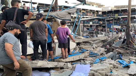 UN staff and Palestinians inspect the site after Israeli attack on a school of the United Nations Relief and Works Agency for Palestine Refugees in the Near East (UNRWA) in Gaza City, Gaza on July 18, 2024. Photo by Hadi Daoud apaimages