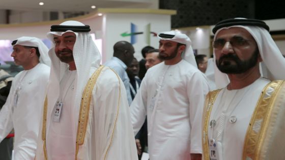 Abu Dhabi's Crown Prince Mohammed bin Zayed Al-Nahyan (2nd L) and Dubai's Ruler Sheikh Mohammed bin Rashid al-Maktoum, Prime Minister and Vice-President of the United Arab Emirates (R) attend the International Defence Exhibition & Conference (IDEX) in Abu Dhabi, United Arab Emirates February 17, 2019. REUTERS/Christopher Pike