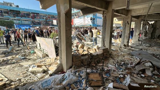 Palestinians inspect a school sheltering displaced people, after it was hit by an Israeli strike, amid the Israel-Hamas conflict, in Nuseirat in the central Gaza Strip, September 11, 2024. REUTERS/Khamis Al-Rifi