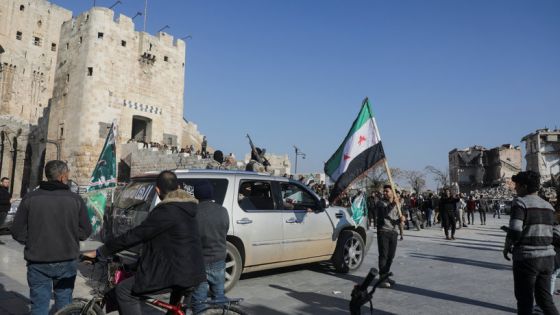 A man holds a Syrian Opposition flag at Aleppo's ancient citadel, after the Syrian army said that dozens of its soldiers had been killed in a major attack by rebels who swept into the city, in Aleppo, Syria November 30, 2024. REUTERS/Mahmoud Hassano