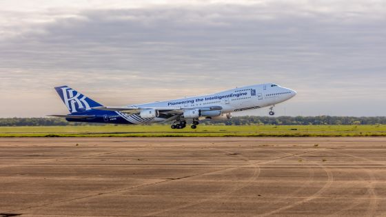 WACO, TEXAS, USA - MARCH 19:Flight test of the Rolls-Royce Pearl® 10X, on the The Rolls-Royce Flying Testbed (FTB), the Spirit of Endeavour (Boeing 747-400)