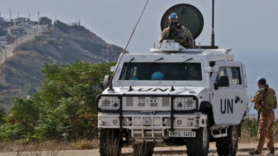 United Nations peacekeeping force in Lebanon (UNIFIL) vehicles patrol the Lebanese southern coastal area of Naqura by the border with Israel, on November 11, 2020. - Lebanon and Israel, still technically at war, held today a third round of maritime border talks under UN and US auspices to allow for offshore energy exploration. The delegations met at a base of the UN peacekeeping force UNIFIL in the Lebanese border town of Naqura. (Photo by Mahmoud ZAYYAT / AFP)