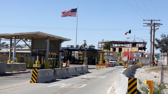 The border crossing buildings between the United States town of Andrade and the Mexican town of Algodones near Yuma Arizona