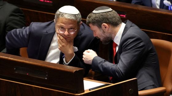 Israeli right-wing Knesset member Itamar ben Gvir (L) and Bezalel Smotrich (R) during the swearing-in ceremony for the new Israeli parliament the 25th Knesset in Jerusalem, 15 November 2022. Abir Sultan/Pool via REUTERS REFILE - CORRECTING INFORMATION