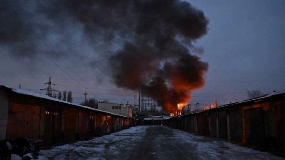 This photograph shows an object of a critical power infrastructure as it burns after a drone attack to Kyiv, amid the Russian invasion of Ukraine. - Drones attacked the Ukrainian capital early on December 19, 2022 morning, the Kyiv city military administration said, urging people to heed air alerts. (Photo by Sergei SUPINSKY / AFP)