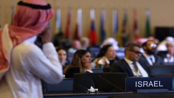 A plaque used to reserve the seat of the delegation from Israel, is seen during the UNESCO Extended 45th session of the World Heritage Committee in Riyadh on September 11, 2023. An Israeli delegation is in Riyadh for a UNESCO meeting, an Israeli official told AFP on September 11, marking the country's first publicly announced visit to Saudi Arabia. (Photo by Fayez NURELDINE / AFP)