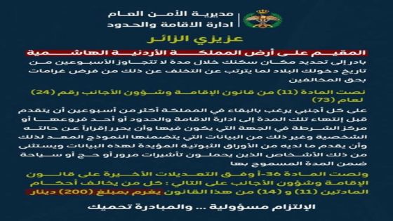 الأمن العام يفعّل العقوبات بحق المقيمين غير الملتزمين بتسجيل السكن