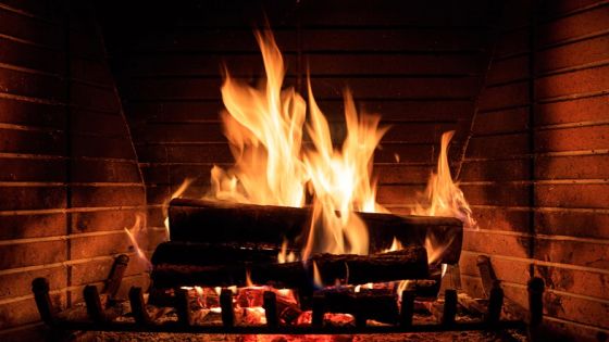 Close up of burning fireplace at home