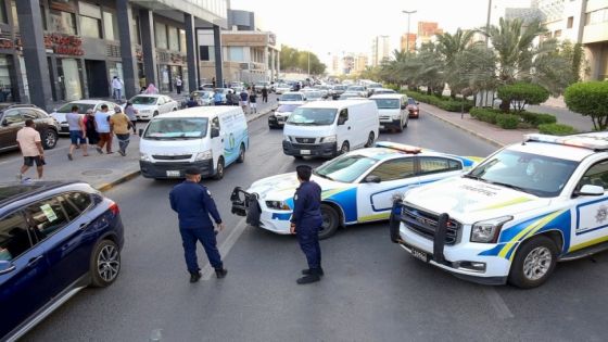 Kuwaiti police officers man a checkpoint at the entrance leading to the Hawally district of Kuwait City on May 29, 2020, after the district was put on lockdown to combat the spread of the Coronavirus. (Photo by YASSER AL-ZAYYAT / AFP) (Photo by YASSER AL-ZAYYAT/AFP via Getty Images)