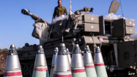 The tips of 155mm artillery shells are pictured near a self-propelled howitzer deployed at a position near the border with Lebanon in the upper Galilee region of northern Israel on October 18, 2023. - Israeli troops killed four militants attempting to infiltrate from Lebanon, the army said on October 17, as tensions run high along the border between the two countries. (Photo by Jalaa MAREY / AFP)