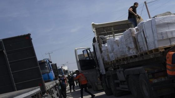 Trucks with humanitarian aid for the 'Gaza Strip enter from Egypt in Rafah on Saturday, Oct. 21, 2023. (AP Photo/Fatima Shbair)