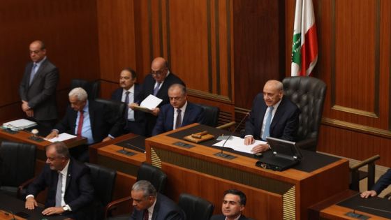 Lebanese Parliament Speaker Nabih Berri (C) heads the 12th parliamentary session to elect a new president in the capital Beirut's downtown district on June 14, 2023 amid bitter divisions between the powerful Iran-backed Hezbollah and its opponents. Lebanon has been without a head of state for more than seven months, and the last bid to elect a president was held on January 19. (Photo by ANWAR AMRO / AFP)