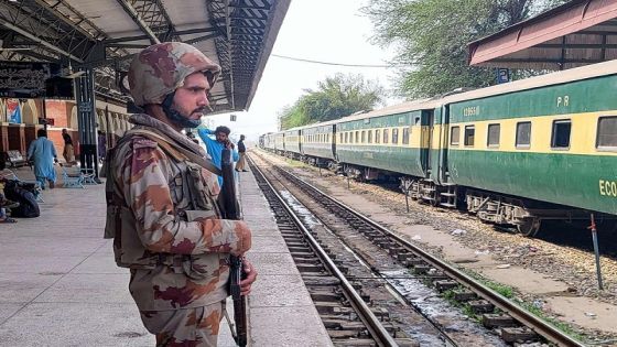 A paramilitary soldier stands guard at a railway station in the Sibi district of southwestern Balochistan province on March 12, 2025, during a security operation against militants a day after they hijacked a passenger train. Pakistan security forces launched a "full-scale" operation on March 12, to rescue train passengers taken hostage by militants in the mountainous southwest. Militants bombed a section of the railway track and stormed the train on March 12 afternoon in southwest Balochistan province, where attacks by separatists have been on the rise. (Photo by Banaras KHAN / AFP)