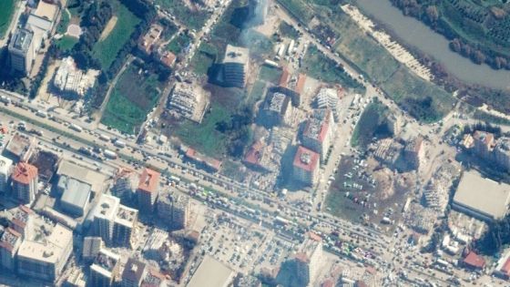 A satellite image shows collapsed and smoking buildings after an earthquake in Antakya, Turkey, February 8, 2023. Satellite image ©2023 Maxar Technologies/Handout via REUTERS ATTENTION EDITORS - THIS IMAGE HAS BEEN SUPPLIED BY A THIRD PARTY. MANDATORY CREDIT. NO RESALES. NO ARCHIVES. DO NOT OBSCURE LOGO.