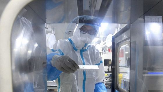 A laboratory technician wearing personal protective equipment (PPE) works on samples to be tested for the Covid-19 coronavirus at the Fire Eye laboratory, a Covid-19 testing facility, in Wuhan in China's central Hubei province early on August 5, 2021. (Photo by STR / AFP) / China OUT