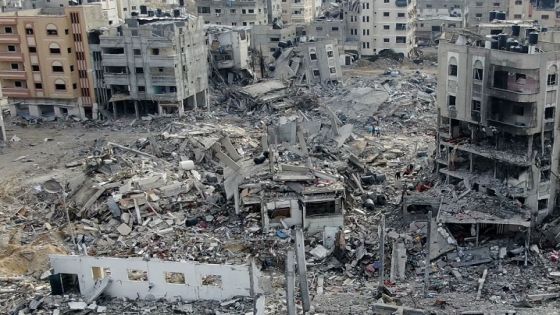 An aerial view on December 26, 2023 shows destroyed buildings in Beit Lahia following Israeli bombardments in the northern Gaza Strip, amid ongoing battles between Israel and the Palestinian militant group Hamas. (Photo by AFP)