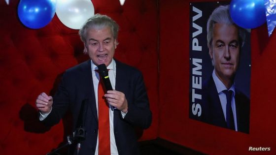 Dutch far-right politician and leader of the PVV party, Geert Wilders speaks as he reacts to the exit poll and early results in the Dutch parliamentary elections, in The Hague, Netherlands November 22, 2023. REUTERS/Yves Herman