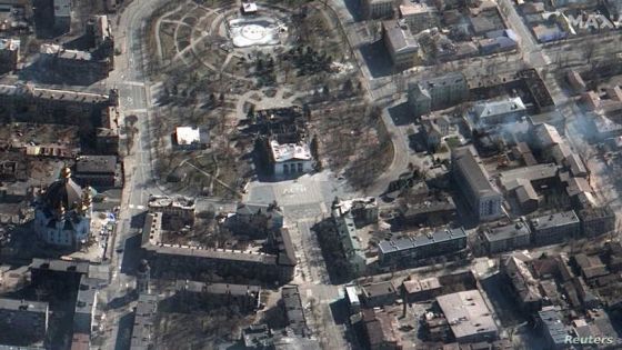 A satellite image shows a view of Mariupol Drama Theatre aftermath of an airstrike, in Mariupol, Ukraine, March 19, 2022. Satellite image ?2022 Maxar Technologies/Handout via REUTERS ATTENTION EDITORS - THIS IMAGE HAS BEEN SUPPLIED BY A THIRD PARTY. MANDATORY CREDIT. NO RESALES. NO ARCHIVES. DO NOT OBSCURE LOGO.