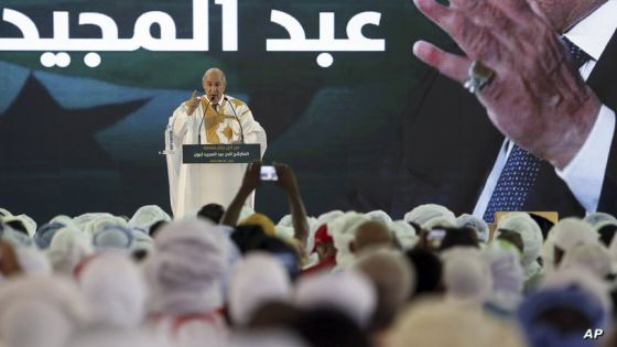 Algerian president and candidate for re-election Abdelmajid Tebboune delivers a speech as part of his campaign for the upcoming presidential election, in Djanet, Algeria, Thursday, Aug. 29, 2024. (AP Photo)