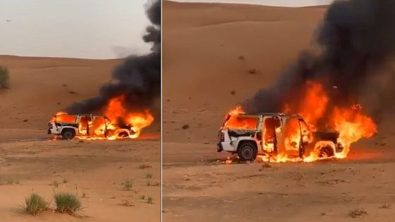 إماراتي يحرق سيارته في الصحراء خوفا من الحسد