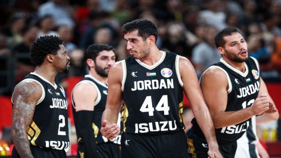 SHENZHEN, CHINA - SEPTEMBER 05: #44 Ahmad AL Dwairi, #2 Dar Tucker and #13 Mohammad Husein of the Jordan National Team react against the Germany National Team during the 1st round of 2019 FIBA World Cup at Shenzhen Bay Sports Center on September 05, 2019 in Shenzhen, China. (Photo by Zhong Zhi/Getty Images)