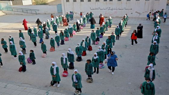 Students are pictured at a public school in Ain Al-Basha, northwest of Amman, as 2.2 million students in Jordan are back to schools after almost 17 months of learning online due to Covid-19 restrictions, on September 1, 2021. (Photo by Khalil MAZRAAWI / AFP) (Photo by KHALIL MAZRAAWI/AFP via Getty Images)