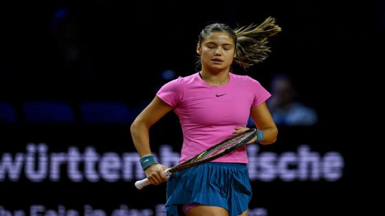 STUTTGART, GERMANY - APRIL 18: Emma Raducanu of Great Britain in action in the match against Jelena Ostapenko of Latvia during day four of the Porsche Tennis Grand Prix Stuttgart 2023 at Porsche Arena on April 18, 2023 in Stuttgart, Germany. (Photo by DeFodi Images/DeFodi Images via Getty Images)