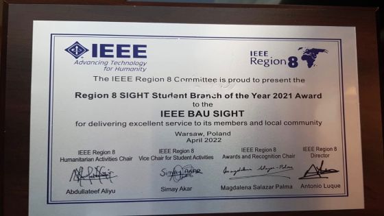 الفريق الطلابي (IEEE BAU SIGHT) من جامعة البلقاء التطبيقية يحصل على افضل فرع طلابي عام ٢٠٢١ على مستوى أوروبا والشرق الأوسط وشمال أفريقيا (IEEE Reigon) .