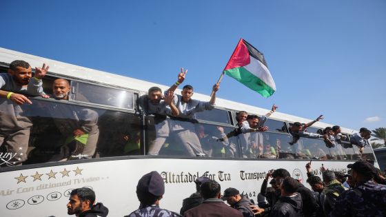 Palestinians who were emprisoned by Israel arrive on buses to the European hospital in Khan Yunis for check ups on February 1, 2025, following their release in an ongoing hostage-prisoner exchange as part of a ceasefire deal for Gaza agreed by Israel and the Palestinian Hamas movement. (Photo by Eyad BABA / AFP)