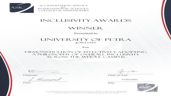 هيئة الاعتماد البريطانية تمنح جامعة البترا جائزة آسِك 2021 في الشمولية