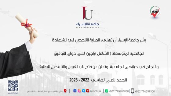 جامعة الإسراء تهنئ الطلبة الناجحين في الشهادة الجامعية المتوسطة ( الشامل )