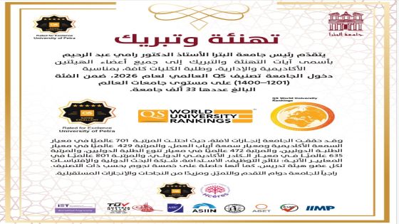 رئيس جامعة البترا يهنئ أسرة الجامعة بمناسبة دخول الجامعة تصنيف QS العالمي للجامعات لعام 2026