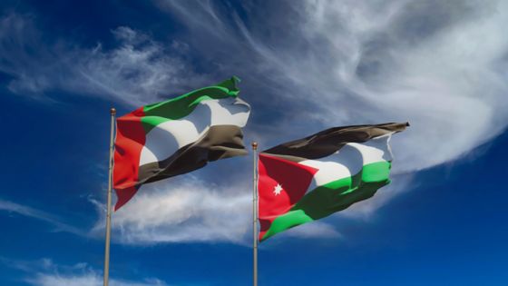 Flags of Jordan and UAE Arab Emirates. 3D artwork