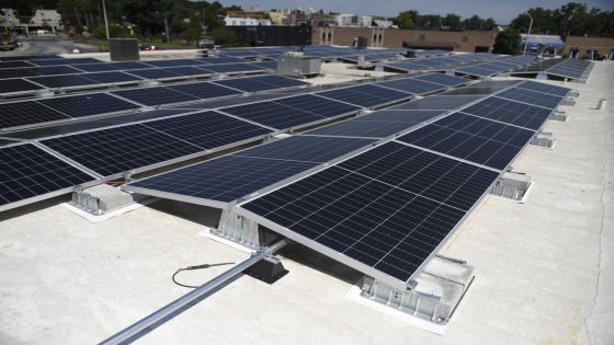 New solar panels are installed at DiMare Pastry Shop & Cafe in Stamford, Conn. Tuesday, July 21, 2020. The bakery's new solar energy system was financed through the Connecticut Green Bank’s Commercial Property Assessed Clean Energy (C-PACE) program. The C-PACE program allows businesses to install energy upgrades immediately and pay for them over time as an addition to their property taxes. The solar PV system, installed by 64Solar, is will save the business more than $20,000 a year on electricity costs.