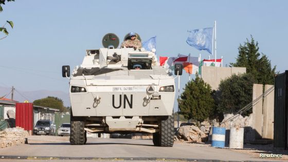 A UN vehicle drives, during a Reuters' visit at Camp Shamrock where Irish and Polish peacekeepers of the United Nations Interim Force in Lebanon (UNIFIL) are stationed near Maroun al-Ras village close to the Lebanese-Israeli border, in southern Lebanon November 29, 2023. REUTERS/Aziz Taher