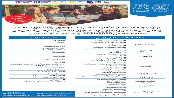 عمان الاهلية تعلن عن استمرار القبول والتسجيل للفصل الدراسي الثاني