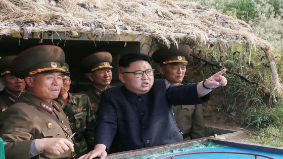 North Korean leader Kim Jong Un (center), inspecting a defense detachment on Jangjae Islet and the Hero Defence Detachment on Mu Islet in a photo published by state media.