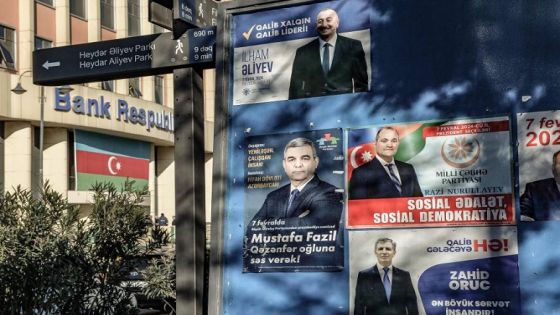 Campaign posters of presidential candidates, including President Ilham Aliyev, are seen in Baku ahead of the upcoming snap presidential election on February 2, 2024. Azerbaijan will hold snap leadership polls on February 7, 2024. (Photo by TOFIK BABAYEV / AFP)