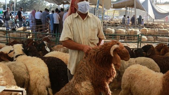 A vendor pulls a sheep at a livestock market in Jordan's capital Amman on July 31, 2020 on the first day of Eid al-Adha. - Eid al-Adha (the Festival of Sacrifice) is celebrated throughout the Muslim world as a commemoration of Abraham's willingness to sacrifice his son for God, and cows, camels, goats and sheep are traditionally slaughtered on the holiest day (Photo by Khalil MAZRAAWI / AFP) (Photo by KHALIL MAZRAAWI/AFP via Getty Images)