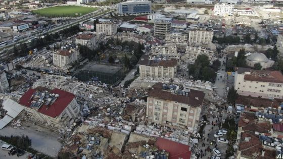 Aerial photo shows the destruction in Hatay city center, southern Turkey, Tuesday, Feb. 7, 2023. Search teams and emergency aid from around the world poured into Turkey and Syria on Tuesday as rescuers working in freezing temperatures dug — sometimes with their bare hands — through the remains of buildings flattened by a magnitude 7.8 earthquake. The death toll soared above 5,000 and was still expected to rise. of collapsed buildings across the region. (IHA via AP)