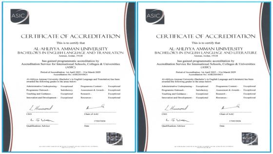عمان الاهلية تحوز على الاعتماد البريطاني ASIC ببرنامجي اللغة الانجليزية الآداب والترجمة وفق أعلى مستوى