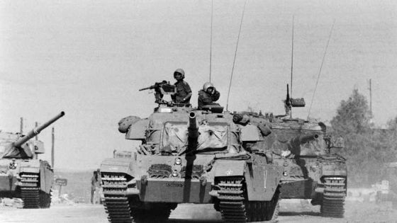 Israeli Centurion tanks move near Damascus, on October 16, 1973 during the Yom Kippur War. On October 06, 1973 on the Jewish holiday Yom Kippur, a two-pronged assault on Israel was launched: Egyptian forces stuck eastward across the Suez Canal and pushed Israelis back, while Syrians advanced from the north and had broken through the Israeli lines on the Golan Heights. (Photo by GABRIEL DUVAL / AFP)
