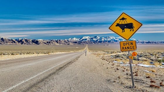 Humorous road sign beside the ET Highway on the road to the town of Racheal,Nevada,USA