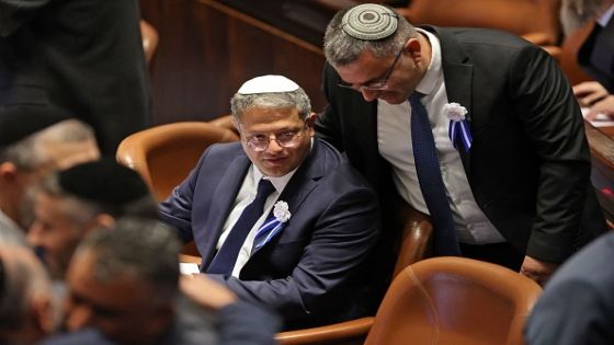Israeli right wing Knesset member Itamar ben Gvir (L) and Ofir Sofer (R) are pictured during the swearing in ceremony of the new Israeli government at the Knesset (Israeli parliament) in Jerusalem, on November 15, 2022. - Israel swore in a new parliament today hours after a deadly attack, as veteran hawk Benjamin Netanyahu advances talks on forming what could be the country's most right-wing government ever. (Photo by ABIR SULTAN / POOL / AFP) (Photo by ABIR SULTAN/POOL/AFP via Getty Images)