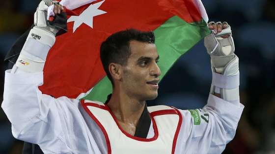 2016 Rio Olympics - Taekwondo - Men's -68kg Gold Medal Finals - Carioca Arena 3 - Rio de Janeiro, Brazil - 18/08/2016. Ahmad Abughaush (JOR) of Jordan celebrates after defeating Alexey Denisenko (RUS) of Russia. REUTERS/Issei Kato (BRAZIL - Tags: SPORT OLYMPICS SPORT TAEKWONDO) FOR EDITORIAL USE ONLY. NOT FOR SALE FOR MARKETING OR ADVERTISING CAMPAIGNS.