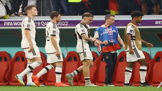 Soccer Football - FIFA World Cup Qatar 2022 - Group E - Costa Rica v Germany - Al Bayt Stadium, Al Khor, Qatar - December 2, 2022 Germany players look dejected after the match as Germany are eliminated from the World Cup REUTERS/Wolfgang Rattay
