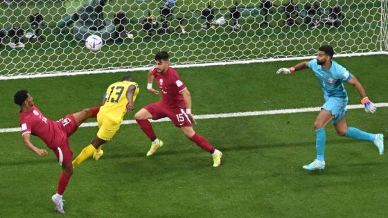 Ecuador's forward #13 Enner Valencia heads the ball to score a goal later disallowed during the Qatar 2022 World Cup Group A football match between Qatar and Ecuador at the Al-Bayt Stadium in Al Khor, north of Doha on November 20, 2022. (Photo by François-Xavier MARIT / AFP) / The erroneous mention[s] appearing in the metadata of this photo by François-Xavier MARIT has been modified in AFP systems in the following manner: [scores a goal later disallowed] instead of [scores]. Please immediately remove the erroneous mention[s] from all your online services and delete it (them) from your servers. If you have been authorized by AFP to distribute it (them) to third parties, please ensure that the same actions are carried out by them. Failure to promptly comply with these instructions will entail liability on your part for any continued or post notification usage. Therefore we thank you very much for all your attention and prompt action. We are sorry for the inconvenience this notification may cause and remain at your disposal for any further information you may require.