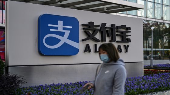 The logo of China's pioneering digital payments firm Alipay is pictured outside the office block of its parent company Ant Group in Shanghai on November 4, 2020. (Photo by Hector RETAMAL / AFP) (Photo by HECTOR RETAMAL/AFP via Getty Images)