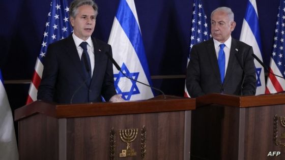 Israeli Prime Minister Benjamin Netanyahu (R) looks on as US Secretary of State Antony Blinken gives statements to the media inside The Kirya, which houses the Israeli Defence Ministry, after their meeting in Tel Aviv on October 12, 2023. Blinken arrived in a show of solidarity after Hamas's surprise weekend onslaught in Israel, an AFP correspondent travelling with him reported. He is expected to visit Israeli Prime Minister Benjamin Netanyahu as Washington closes ranks with its ally that has launched a withering air campaign against Hamas militants in the Gaza Strip. (Photo by Jacquelyn Martin / POOL / AFP)